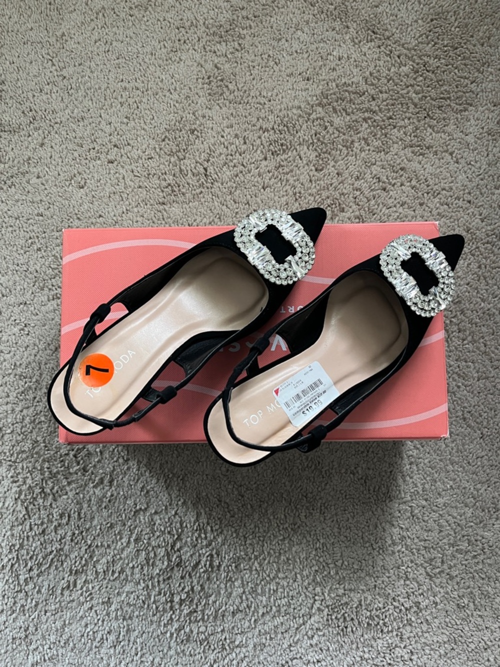 TOP Moda Black Pointed Slingback Kitten Heels with Crystal Buckle - Picture 9 of 13